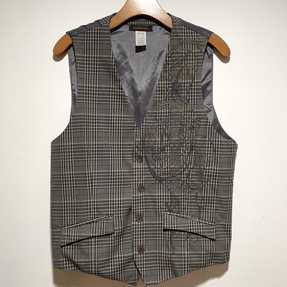 Johnny Max mens vest, grey plaid with embroidered overlay. Working pockets. Med - Picture 1 of 7